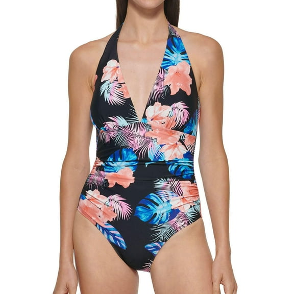 DKNY Women's One Piece Tummy Control Halter Neckline Swimsuit (Tropical, XL)