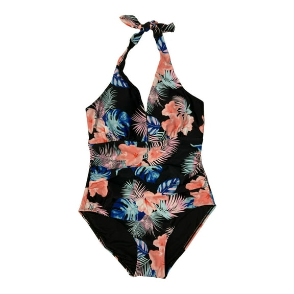 DKNY Women's One Piece Tummy Control Ruched Waist Halter Neckline Swimsuit (Tropical, M)