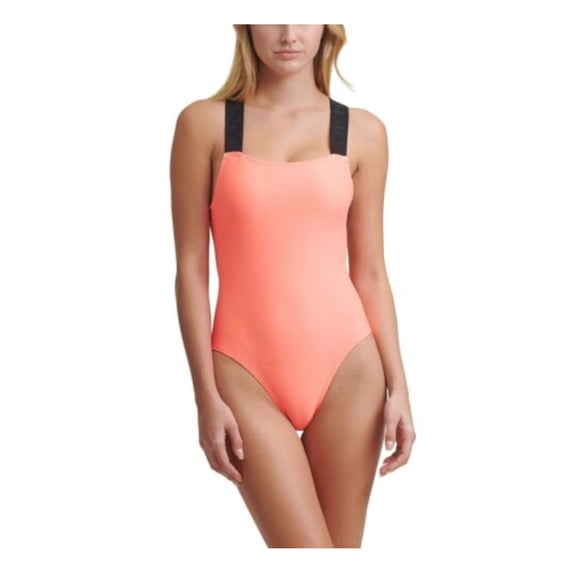 DKNY Women's Orange Stretch Removable Cups Lined Moderate Coverage Cutout Square Neck One Piece Swimsuit XS