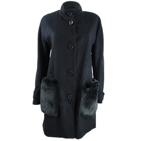 DKNY Women's Petite Faux-Fur-Pocket Walker Coat (PXS, Black)