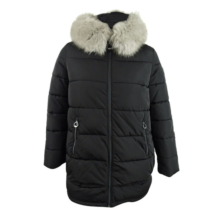 DKNY Women's Petite Faux-Fur-Trim Hooded Puffer Coat (PL, Black)