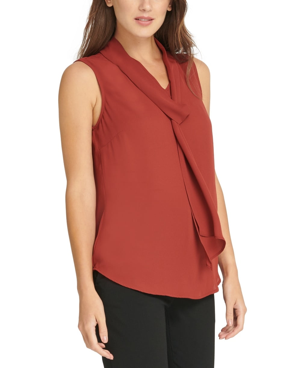 DKNY Women s Petite Tie Neck Sleeveless Top Beige Size PM