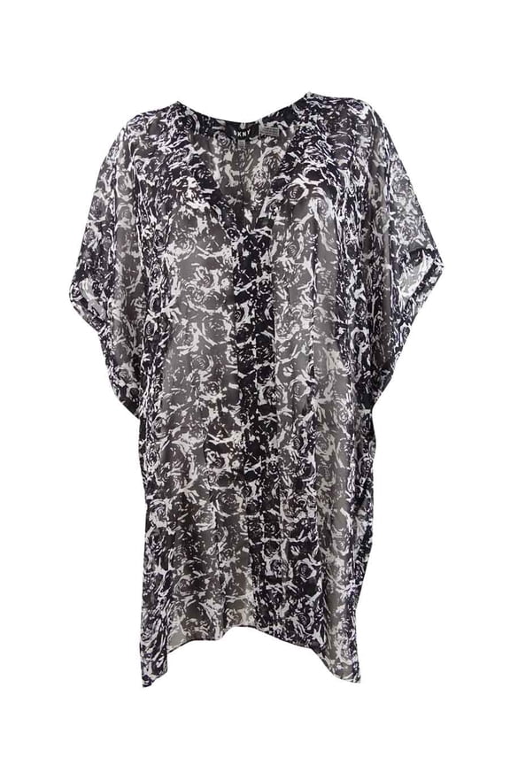 Women's Printed Chiffon Caftan Swim Top Cover-Up (S/M, Black/White)