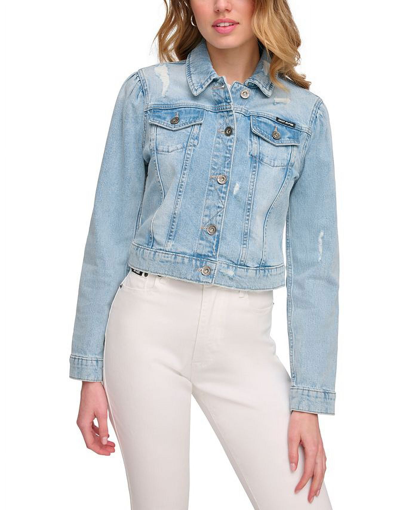 DKNY Women's Puff Sleeve Distressed Denim Jacket Blue Size X-Small