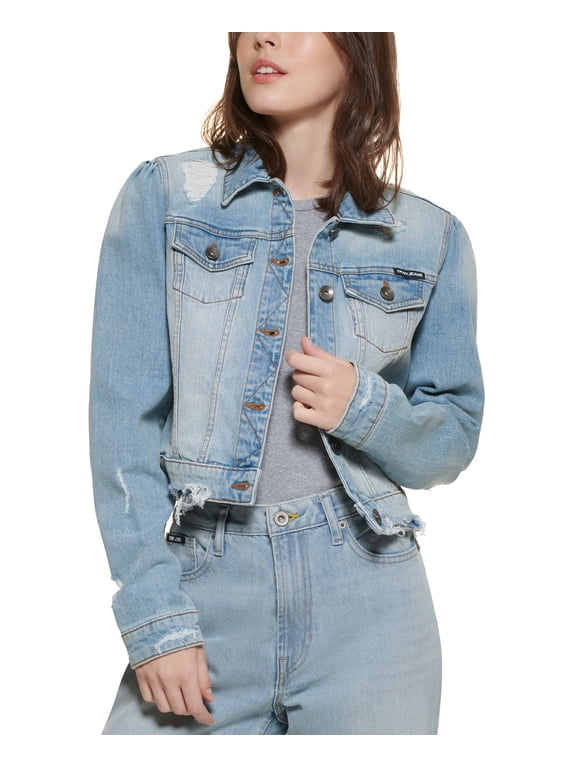 Jeans Puff Sleeve Distressed Denim Jacket Vintage Wash XS