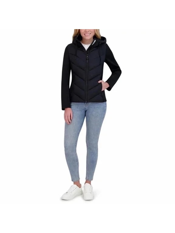 Women's Puffer Jacket, Lightweight, Hooded, Full Zip, Black, Medium