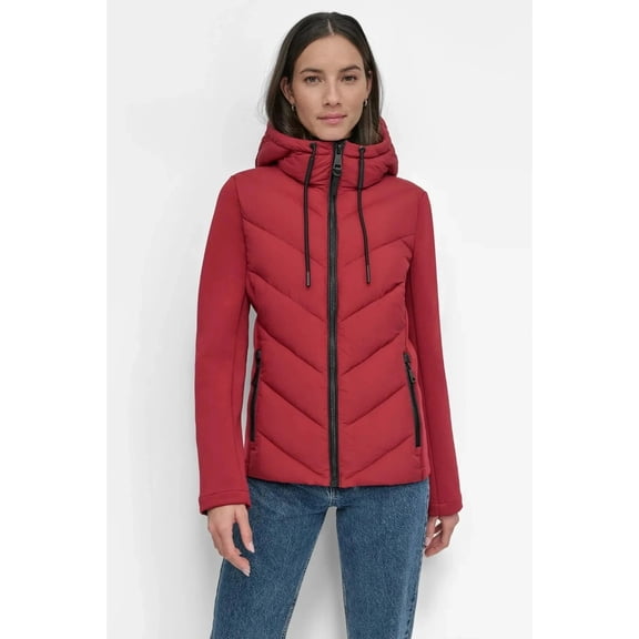 DKNY Women's Puffer Jacket, Lightweight, Hooded, Full Zip, Red, Medium