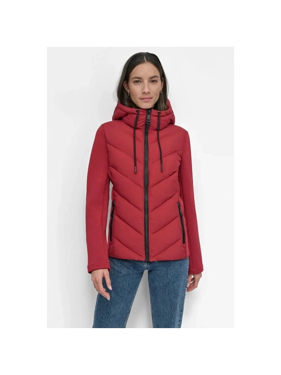 Women's Puffer Jacket, Lightweight, Hooded, Full Zip, Red, Medium
