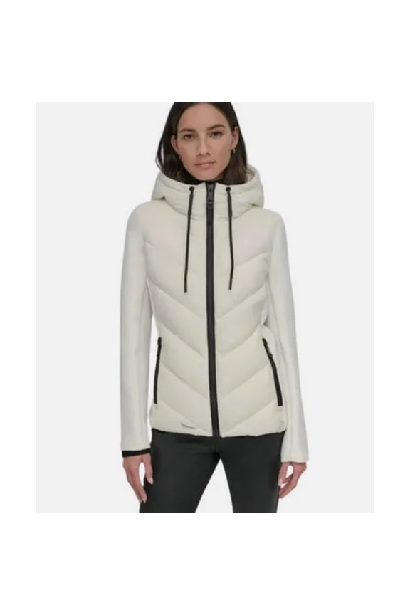 Women's Puffer Jacket, Lightweight, Hooded, Full Zip, White, Large