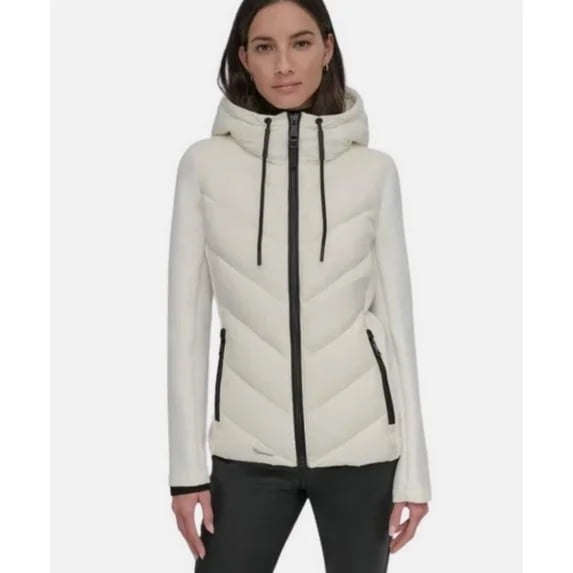 DKNY Women's Puffer Jacket, Lightweight, Hooded, Full Zip, White, Large