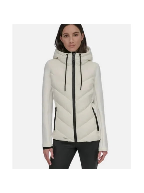 Women's Puffer Jacket, Lightweight, Hooded, Full Zip, White, Medium