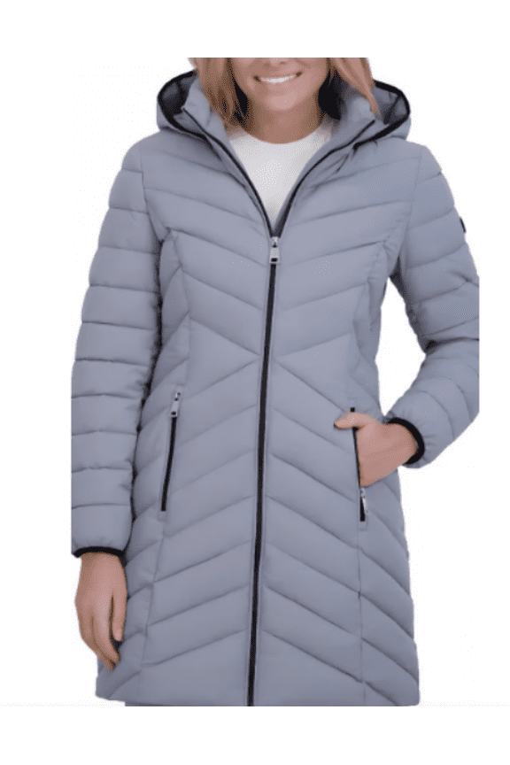 Women's Quilted Water Resistant Hooded Down Coat L Gray