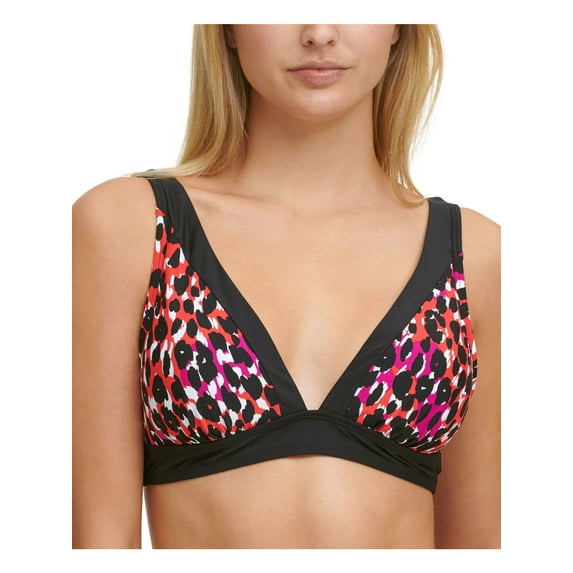 DKNY Women's Red Printed Stretch Bow-Back Bikini Removable Cups Deep V Neck Adjustable Swimsuit Top L