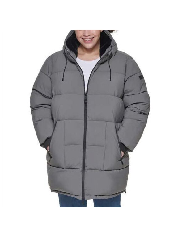 Women's Relaxed Fit Hooded Puffer Jacket, Gray, Large