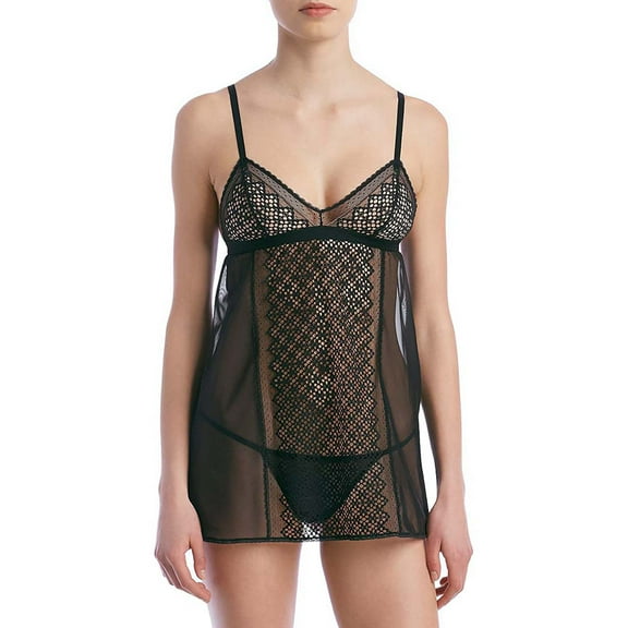 DKNY Women's Sheer Lace Chemise with G-String Panty, Black/Skinny Dip, Small