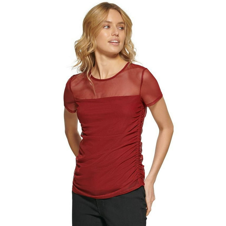DKNY Women s Sheer Yoke Mesh Top Red Size Medium