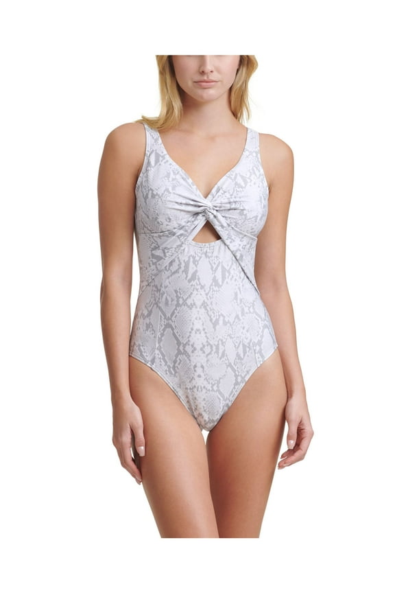 Women's Silver Snake Print Stretch REMOVABLE CUPS Deep V Neck Moderate Coverage One Piece Swimsuit 6