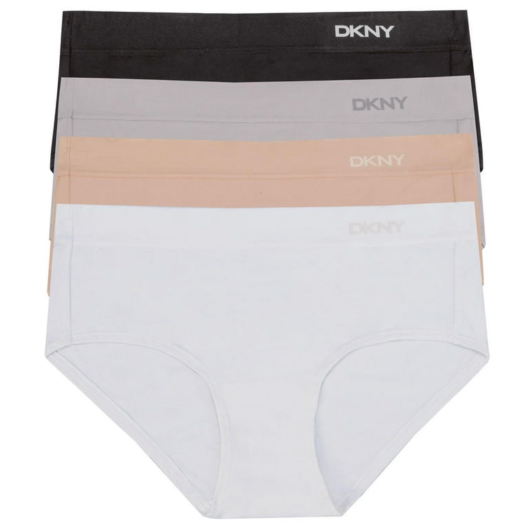 DKNY Women's Soft Stretch Microfiber 4 Pack Hipster Underwear  (Blk/Gray/Pk/Wht, L)