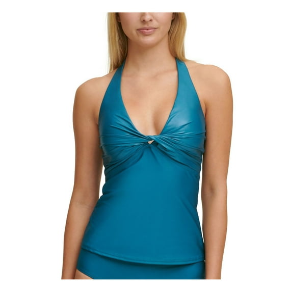 DKNY Women's Teal Stretch Removable Cups Tie Lined Twist Front Deep V Neck Halter Tankini Swimsuit Top XS