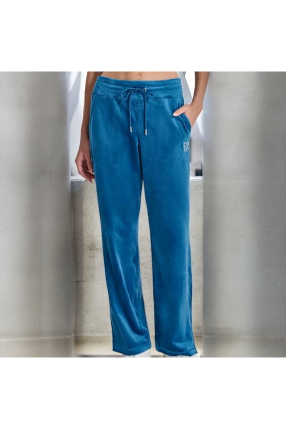 DKNY Women's Velour Rhinestone-Logo Side-Slit Track Pants,Poseidon
