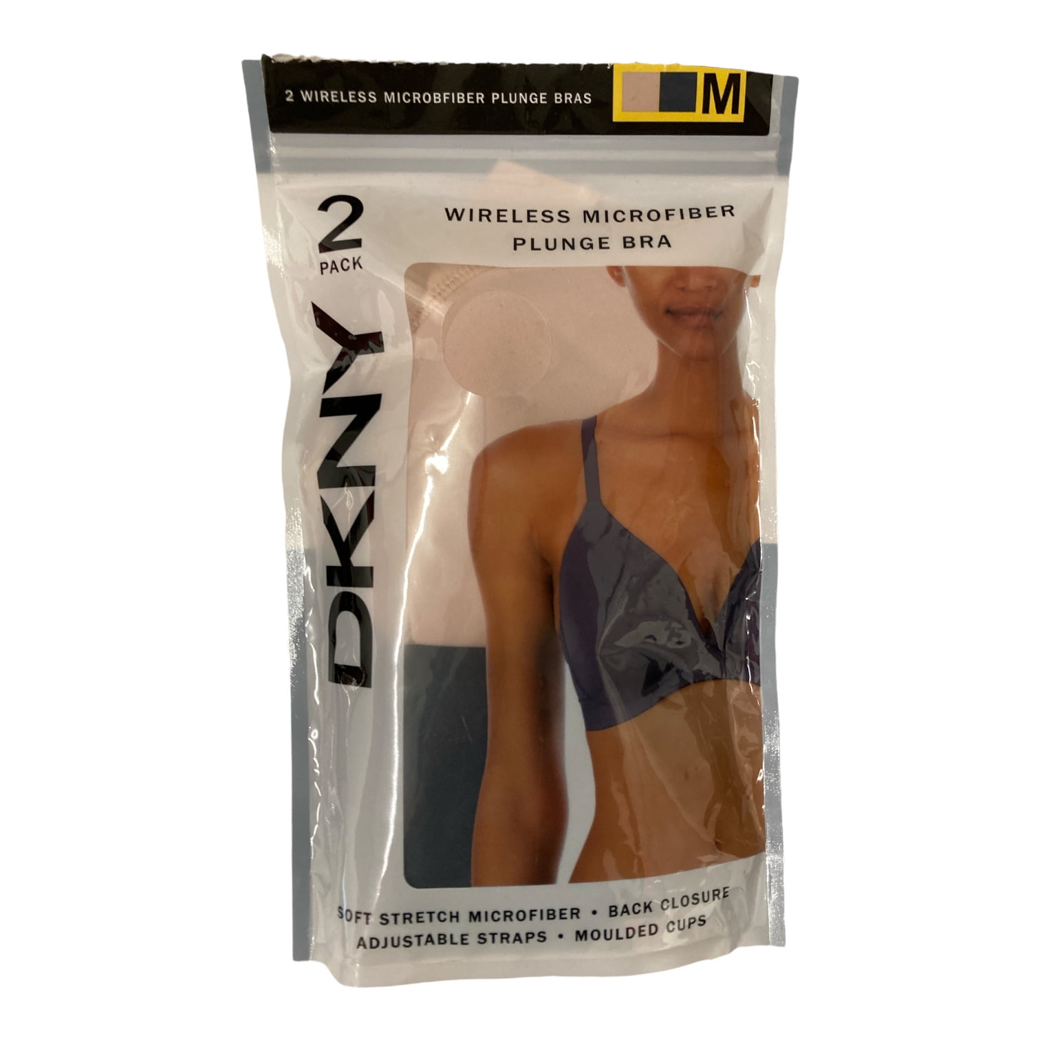 DKNY Women's Wireless Soft Stretch Microfiber Plunge Bra (Ink/Sand, L) 