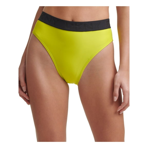 DKNY Women's Yellow Logo Lined High Waisted Swimsuit Bottom L