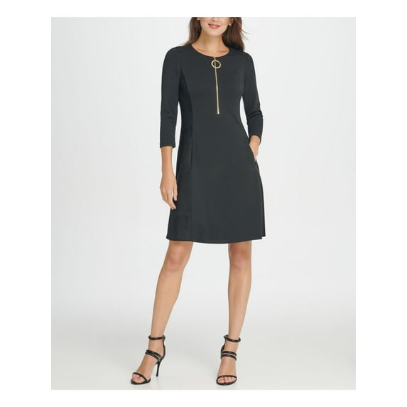 DKNY Women's Zippered Long Sleeve Jewel Neck Knee Length Sheath Wear To Work Dress Black Size 8