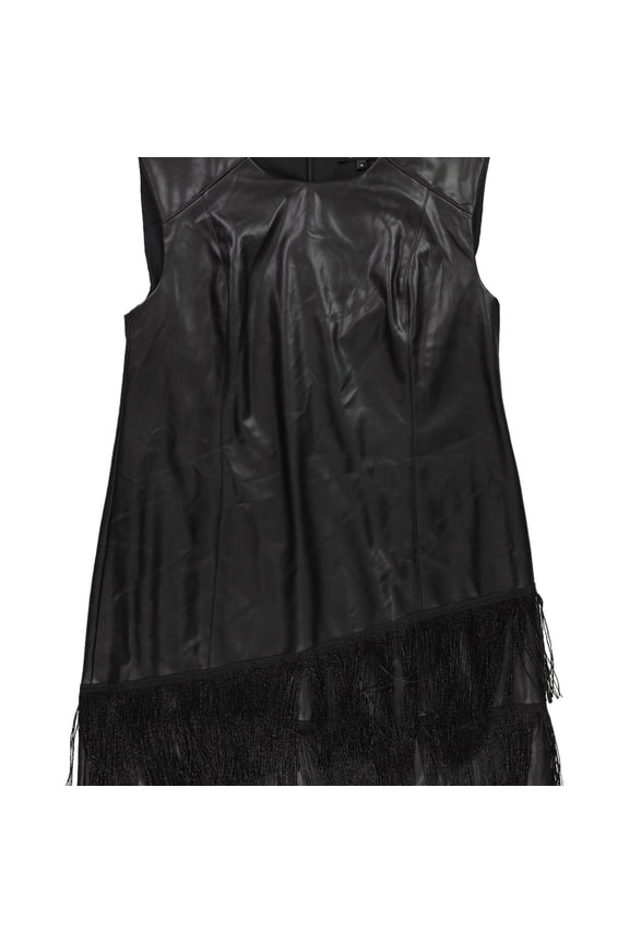 Womens Faux Leather Fringe Trim Mini Dress, Black, 6