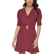 dkny red dress by Donna Karan Surplice V-Neck Long Balloon Sleeve Knot Front Salon stretch fabrication Straight neckline Sleeveless Ruched bodice Sheath silhouette Lined Above the knee Center back zipper/hook and eye closure Approx DKNY Dress 18W 22W Red
