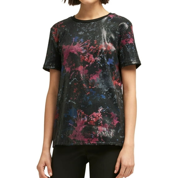 DKNY $79 Womens New 0052 Black Printed Sequined Crew Neck Top M B+B
