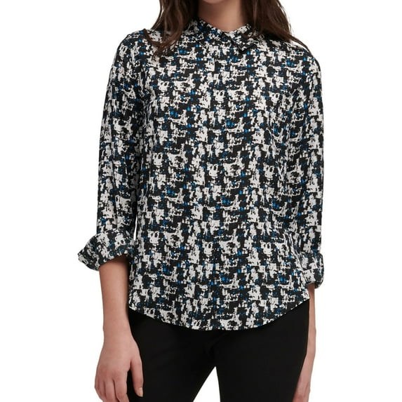 DKNY Womens Abstract Print Button Down Blouse, Black, X-Small