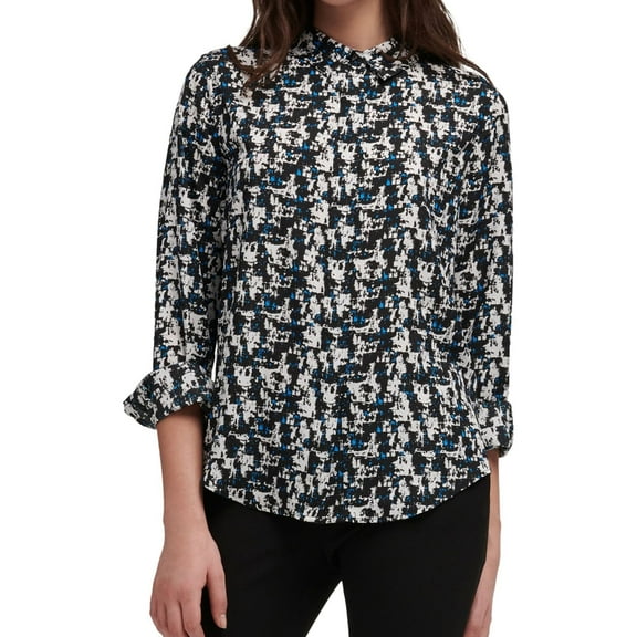 DKNY Womens Abstract Print Button Down Blouse, Black, X-Small