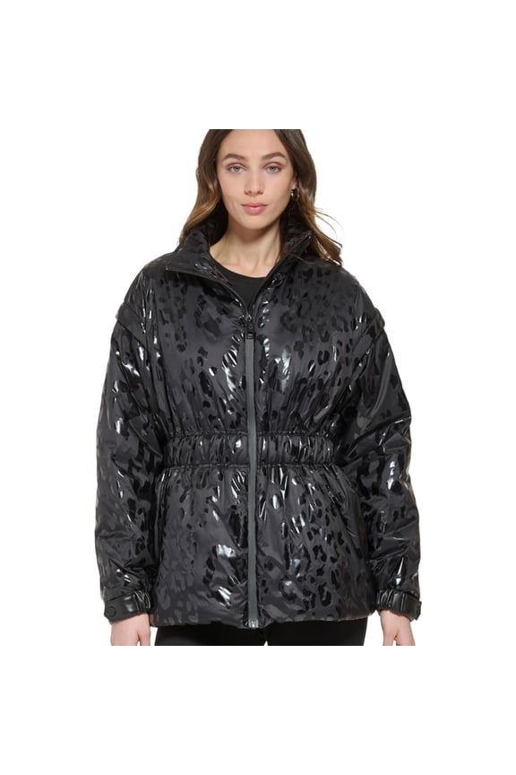 Womens Stand Collar Animal Print Puffer Jacket, Black, X-Small