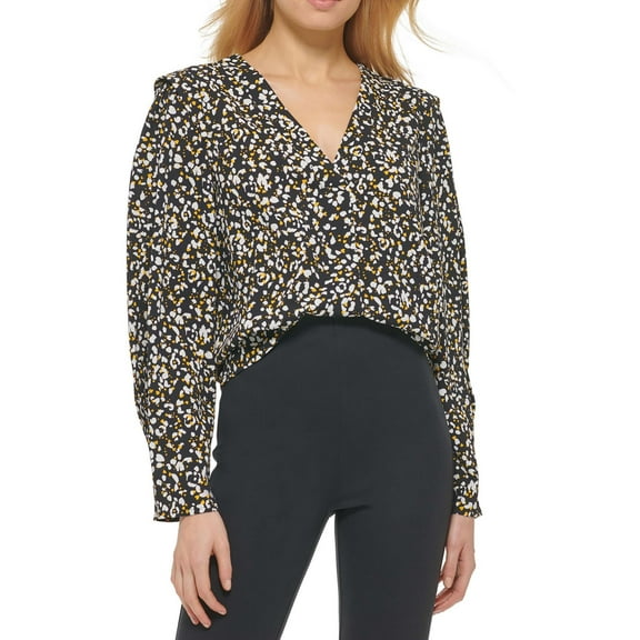DKNY Womens Printed V Neck Long Sleeve Blouse Golden Spi M