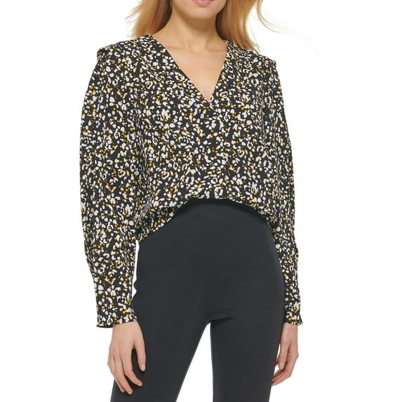 DKNY Womens Printed V Neck Long Sleeve Blouse Golden Spi M