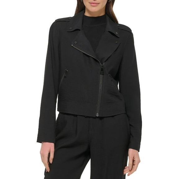 Women's Crinkled Asymmetric Front-Zip Moto Jacket Black M