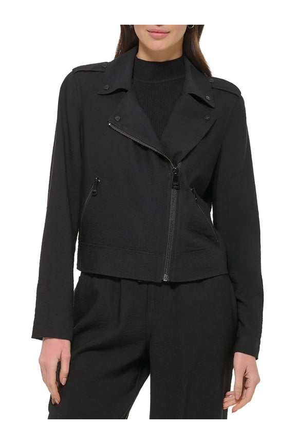 Women's Crinkled Asymmetric Front-Zip Moto Jacket Black M