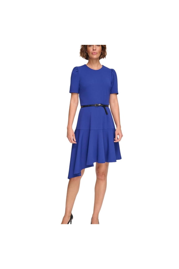 Womens Belted Asymmetrical Dress, Blue, 14
