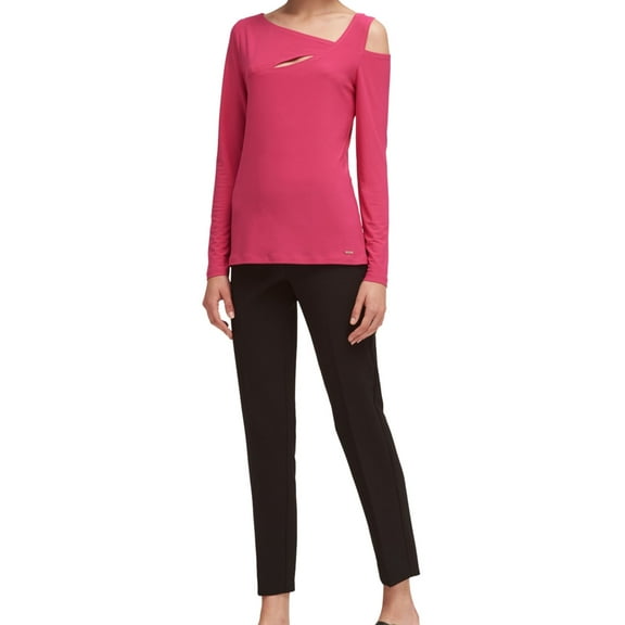 DKNY Womens Asymmetrical Cold Shoulder Blouse, Pink, X-Large