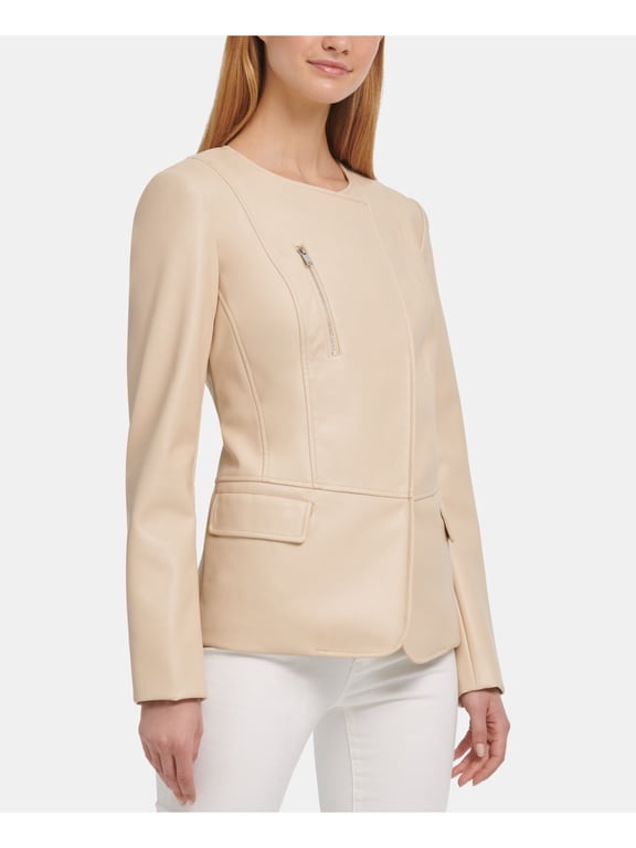 Womens Beige Faux Leather Blazer Jacket Size: M