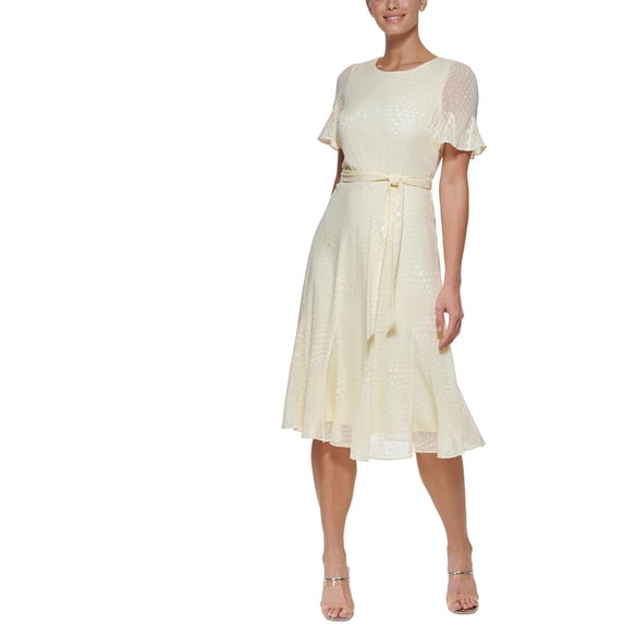 DKNY Womens Belted Midi Fit & Flare Dress