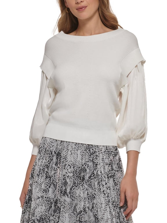 Women's Mixed-Media Blouson 3/4-Sleeve Sweater Ivory/Ivory XL