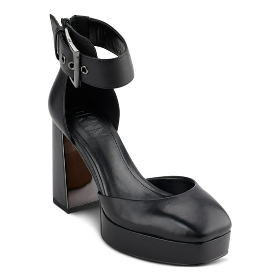 DKNY Womens Black 1" Platform Ankle Strap Padded Barra Square Toe Block Heel Buckle Leather Pumps Shoes 9 M