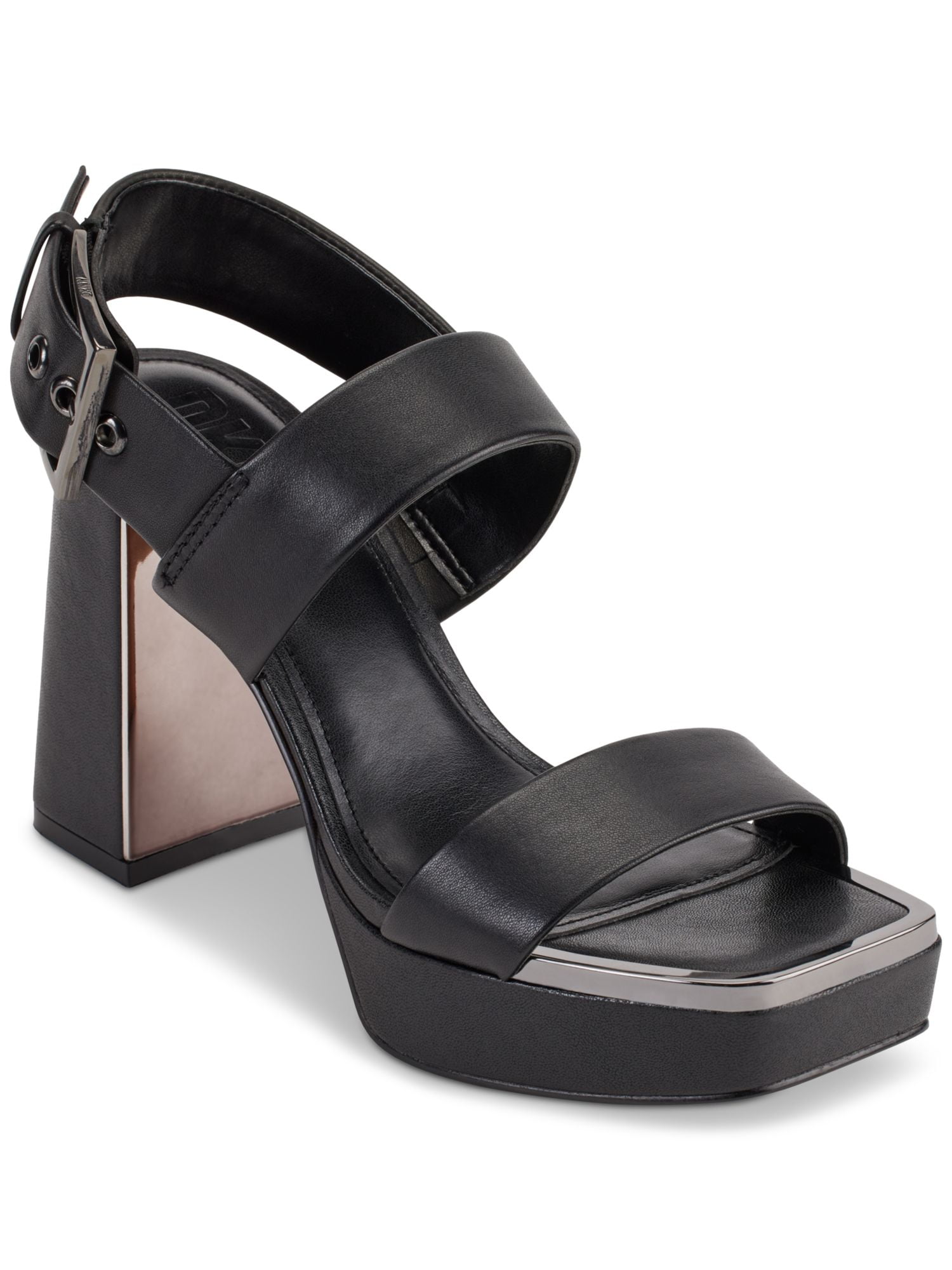 STEVE MADDEN Womens Black Ankle Strap Rhinestone Padded Domini Square Toe Block Heel Buckle Leather Heeled M