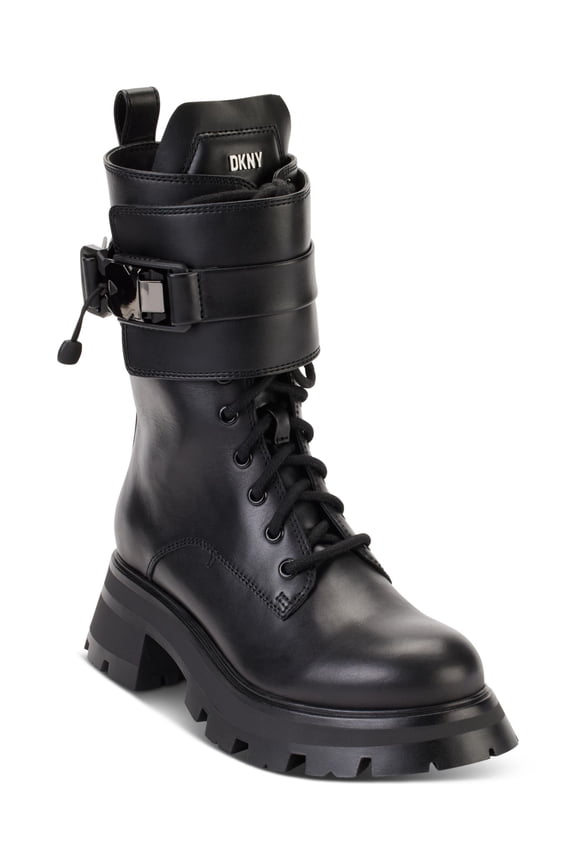 Womens Black 1" Platform Buckled Sava Round Toe Block Heel Lace-Up Leather Combat Boots 9.5 M