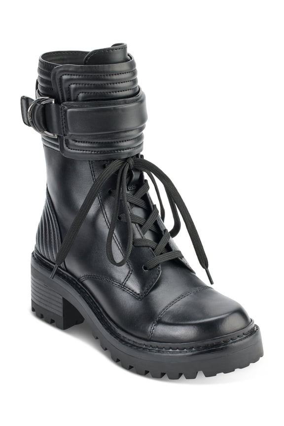 Womens Black Lace-Up Buckled Strap Lug Sole Padded Basia Round Toe Block Heel Zip-Up Combat Boots 5 M