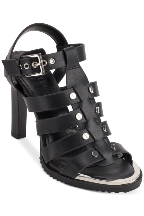 Womens Black Mixed Media Woven Metallic Detailing At Toe Strappy Studded Bria Almond Toe Block Heel Buckle Leather Dress Slingback Sandal 9.5 M