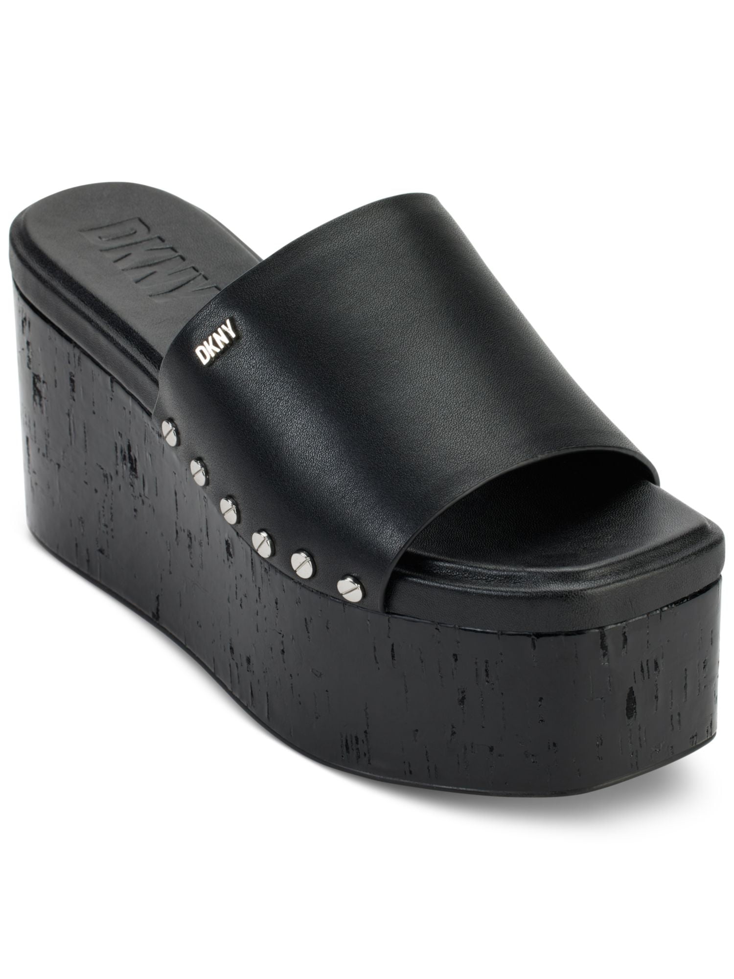 DKNY Womens Black Padded Goring Studded Alvy Almond Toe Platform Slip On Leather Slide Sandals Shoes 8.5 M