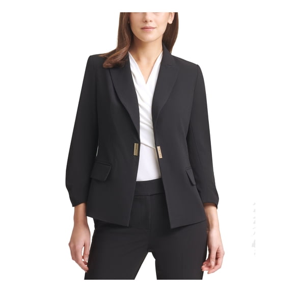 DKNY Womens Black Pocketed Pleated Lined Snap Button Closure Wear To Work Blazer Jacket Petites 8P