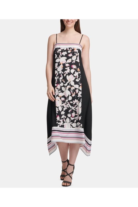 Womens Black Printed Spaghetti Strap Square Neck Midi Shift Dress 10